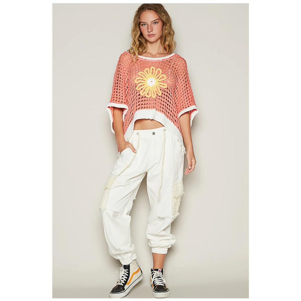 POL Flower Open Knit Crochet Sweater Daisy orange sz S